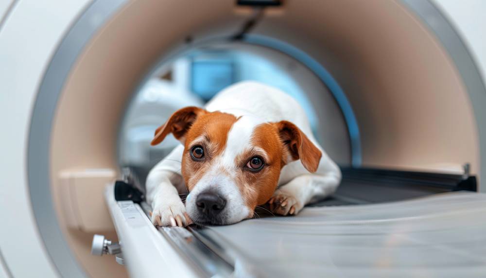 A small dog laying still inside an MRI machine during a veterinary diagnostic procedure for neurological assessment - Pet Neurosurgery