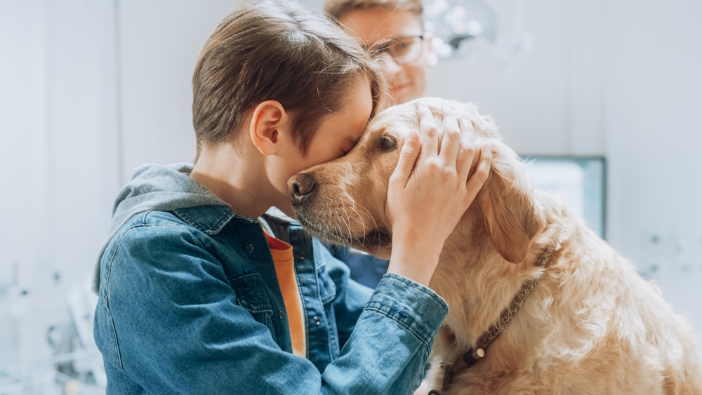 Child Comforting Golden Retriever at Veterinary Clinic - Emergency Vet Palm Coast A young boy gently pressing his forehead against a golden retriever's face in a veterinary exam room, conveying emotional support and care - Emergency Vet Palm Coast